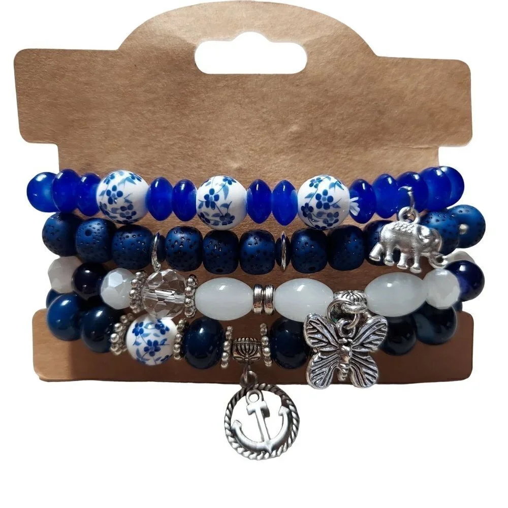 Bohemian Layered Glass Beaded Charm Bracelet (Sapphire)